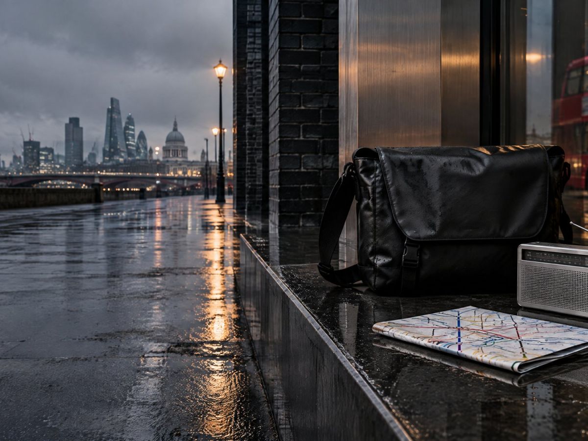 A black carryall, a silver radio and a folded map on a wet bench by the Thames at dusk