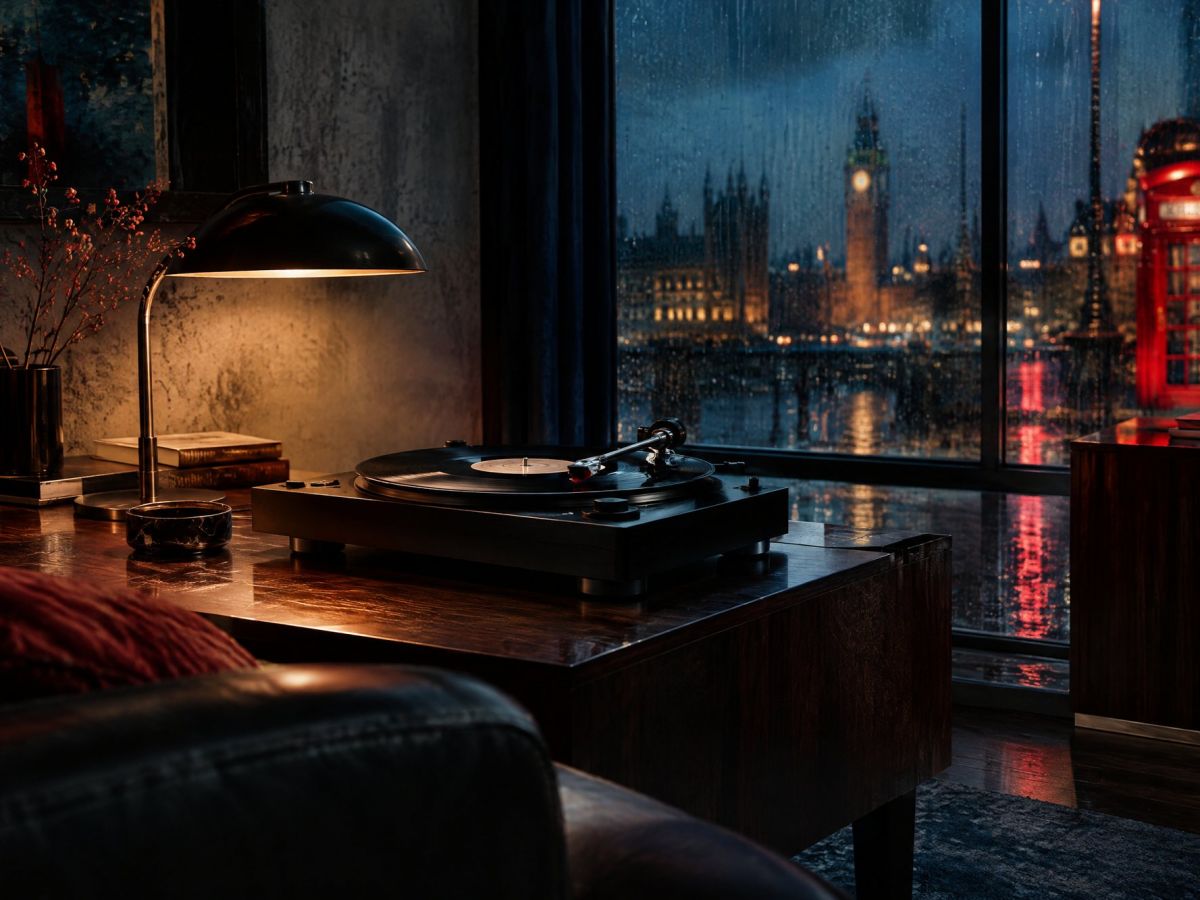 A desk lamp and a record player by a rain-streaked window, Big Ben lit across the river